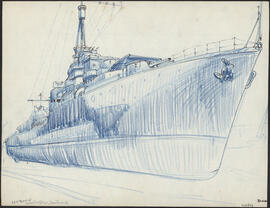 Pencil and ink drawing by Donald Cameron Mackay of HMCS Iroquois, starboard side, docked at the D...