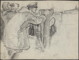 Charcoal and pencil drawing by Donald Cameron Mackay of HN Layard and Lt. Rowland making navigati...