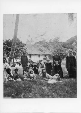 Photograph of Rev. J. G. Paton, his family, and several unidentified Indigenous people, at the mi...