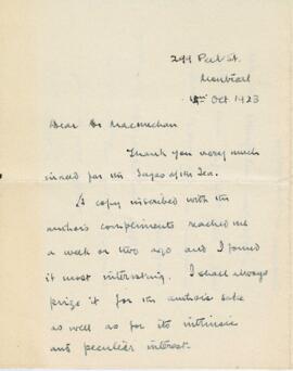 Correspondence from Gilbert Sutherland Stairs to Archibald MacMechan, October 14, 1923