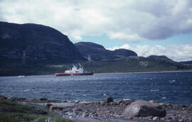Photograph of the accomodation ship Franklin from shore at Anaktalak Bay, near Voisey's Bay, Newf...