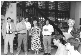 Photograph of W.K. Kellogg Library staff members and guests at Bill Owen's retirement party