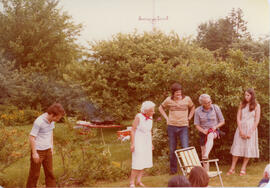 Photograph of Kaye Murray, Nolan Reilly, Charlie Murray, and Sharon Reilly chatting at the First ...