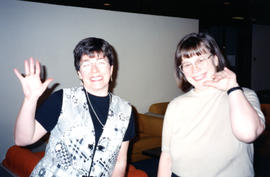 Photograph of an unidentified woman and Carol Richardson in the Killam Library staff lounge