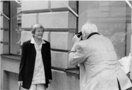 Photograph of Elisabeth Mann Borgese having her photo taken
