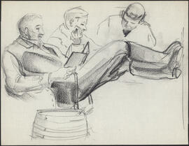 Charcoal and pencil drawing by Donald Cameron Mackay showing resting naval officers