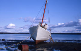 Photograph of a boat moored on shore in northern Quebec
