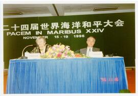 Photograph of Elisabeth Mann Borgese speaking at Pacem in Maribus XXIV