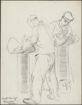 Charcoal and pencil sketch by Donald Cameron Mackay of sailors loading depth charges aboard HMCS ...