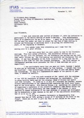 Correspondence To Elisabeth Borgese from Alexander King, Chairman for the Federation of Internati...