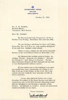 Correspondence between Thomas Head Raddall and Lt. Gov. Victor deB. Oland