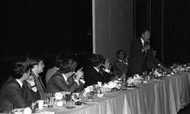 Photograph of Robert Stanfield speaking at a ring presentation