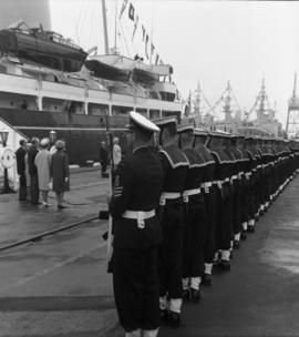 Photograph of naval cadets greeting the Queen Mother