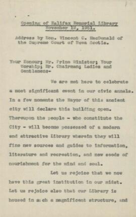 Opening of Halifax Memorial Library November 12, 1951 : [final speech]