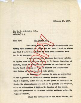 Correspondence from Eugene T. Parker to Mr. M. B. Archibald, February 13, 1937