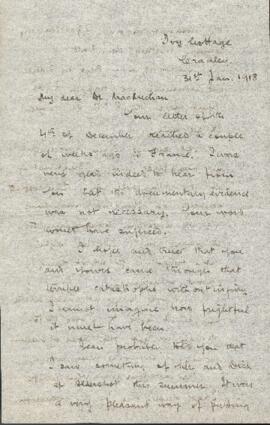 Correspondence from Gilbert Sutherland Stairs to Archibald MacMechan, January 31, 1918