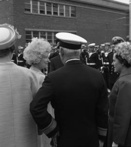 Photograph of the Queen Mother being greeted on the dock in Halifax