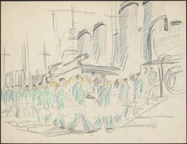 Charcoal and coloured pencil sketch by Donald Cameron Mackay of sailors carrying duffel bags up a...