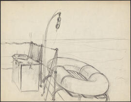 Charcoal and pencil drawing by Donald Cameron Mackay showing winch equipment and a life raft