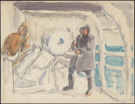 Pencil and watercolour painting by Donald Cameron Mackay of sailors working a winch
