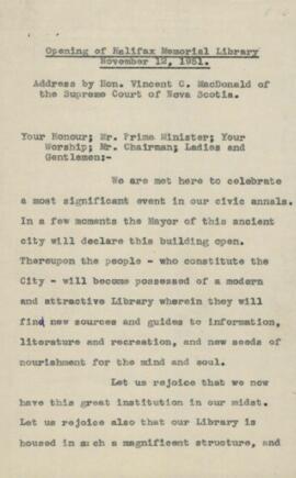 Opening of Halifax Memorial Library, November 12, 1951 : [manuscript]