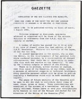 Gaezette : newsletter of the Gay Alliance for Equality, issue 1, 1984