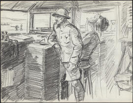 Charcoal and pencil sketch by Donald Cameron Mackay of wheelhouse scenes on convoy duty