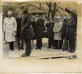 Photograph of Gerald Regan and eight unidentified persons at the ground-turning ceremony for the ...