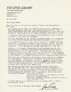 Letter to the Board Members of the Eye Level Gallery from July 28, 1983