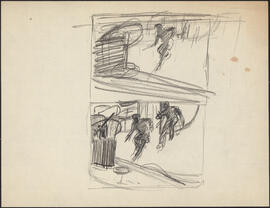 Two small charcoal and pencil sketches by Donald Cameron Mackay showing armed sailors boarding a ...