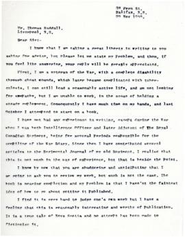 Correspondence between Thomas Head Raddall and A. Walter Roy