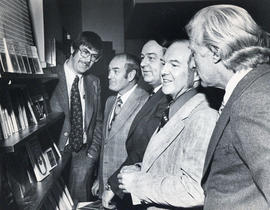 Photograph of five unidentified men in the Dalhousie Bookstore
