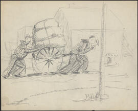 Pencil sketch by Donald Cameron Mackay showing four sailors pushing a cart