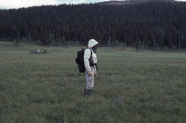 Photograph of Mike Crowell wearing insect repellent clothing standing in a fen near Voisey's Bay,...