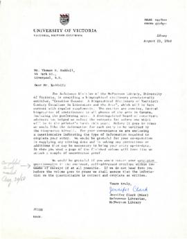 Correspondence between Thomas Head Raddall and the University of Victoria
