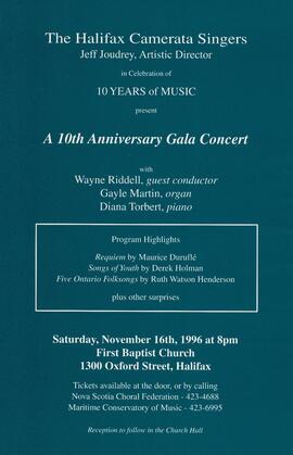 Tenth anniversary gala concert with Wayne Riddell : [poster]
