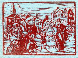 Printed Christmas card depicting a nineteenth-century village scene, designed by D.C. Mackay