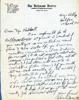 Correspondence between Thomas Head Raddall and Burns Martin