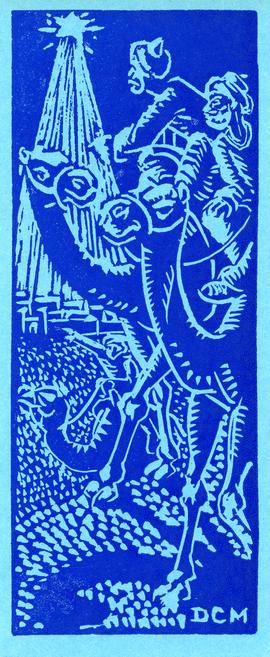 Printed Christmas card in blue, depicting the three wise men with camels, designed by D.C. Mackay