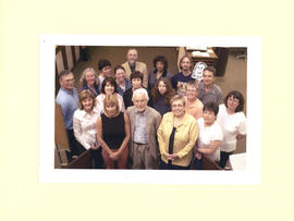 Photograph of the W.K. Kellogg Library staff of 2004, shot from above