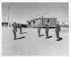 Photograph of five officers of the 7th Division Royal Canadian Artillery, during a church parade,...