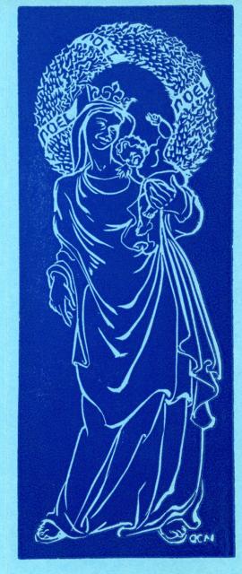 Printed Christmas card in blue, depicting Mary and Jesus, designed by D.C. Mackay