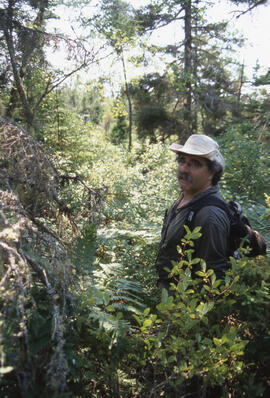 Photograph of Bill Freedman standing in dense shrubbery, East Jordan, Nova Scotia