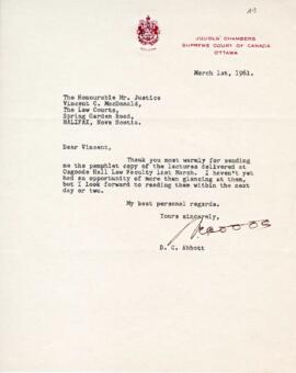 Letter to Vincent MacDonald from D.C. Abbott