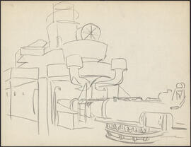 Charcoal and pencil study sketch by Donald Cameron Mackay showing the starboard aft portion of th...