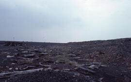 Photograph of slag heaps near a denuded slope junction, Coniston mining site, near Sudbury, Ontario
