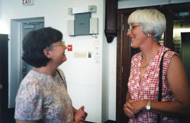 Photograph of Janice Slauenwhite and Bonnie Best Flemming at Patricia Lutley's retirement party