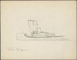 Charcoal and pencil drawing by Donald Cameron Mackay showing a portside view of HMCS Andree Dupre