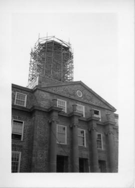 Photograph of the Arts & Administration Building clock tower construction