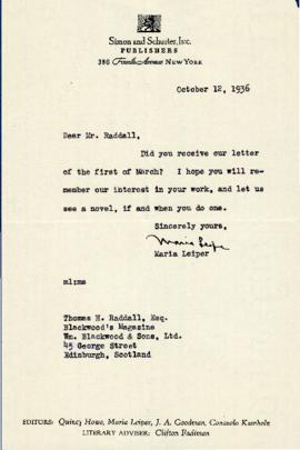 Correspondence between Thomas Head Raddall and Simon and Schuster